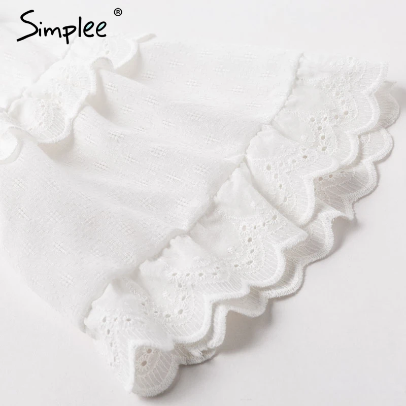 Simplee Elegant embroidery white women dress Flare sleeve ruffle sashes summer dresses Casual v-neck sexy dress female vestidos