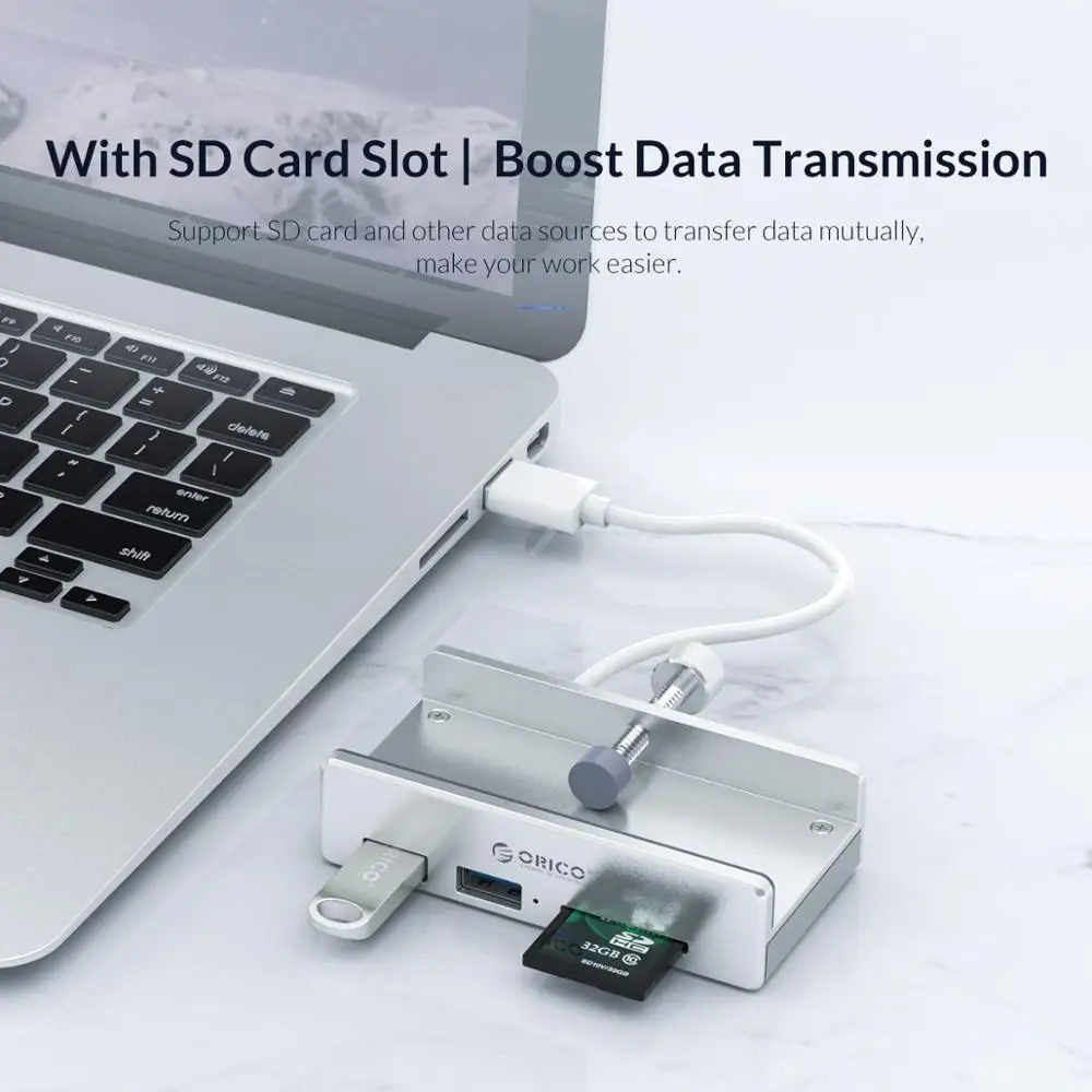 ORICO MH4PU алюминиевый 4 порта USB 3,0 Clip-хаб на зажиме для настольного ноутбука клип диапазон 10-32 мм с 100 см Дата-кабель-серебро