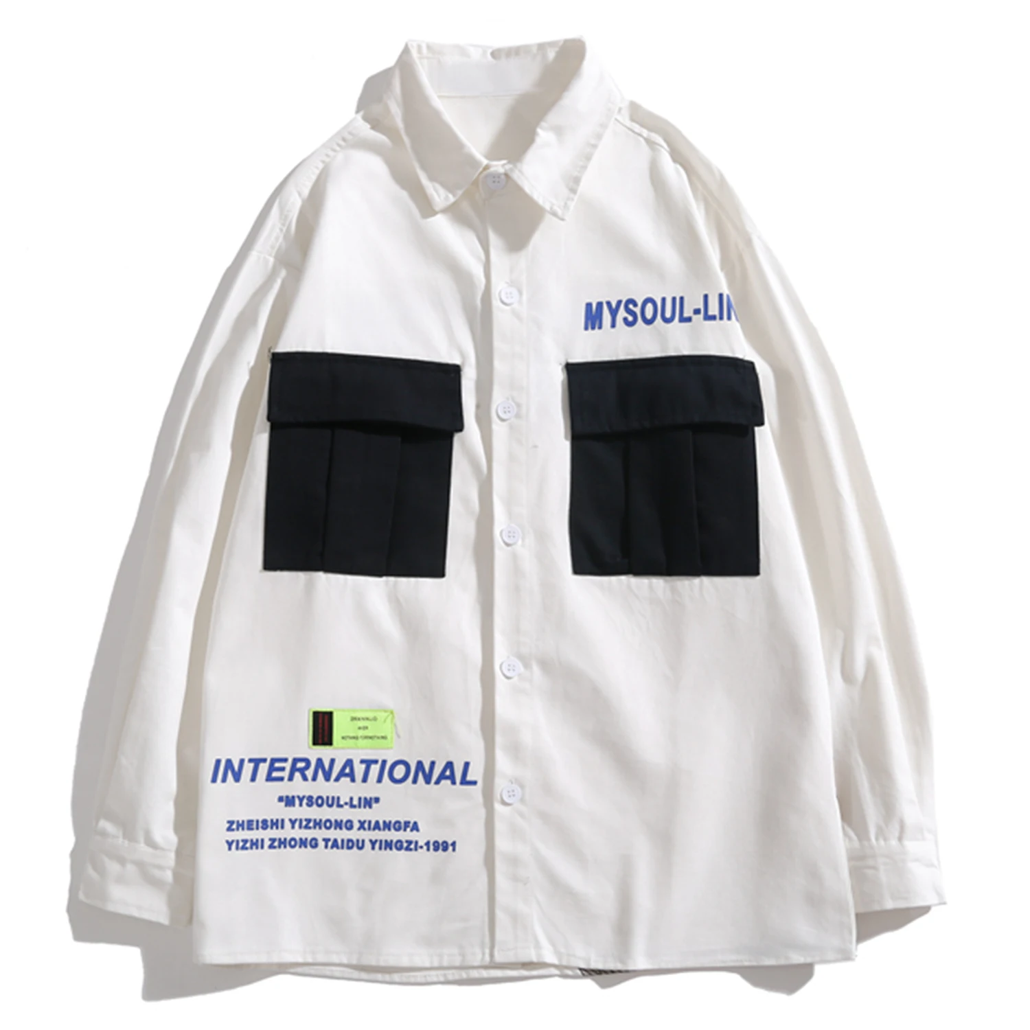 Лоскутные карманы с буквенным принтом Мужские рубашки хип-хоп мода Harajuku