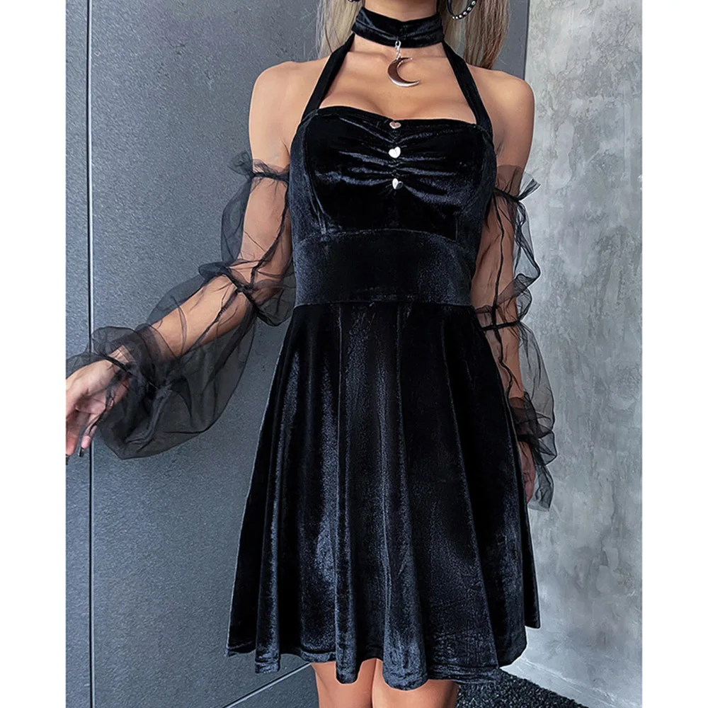 

New Fashion Gothic Style Punk Dark Personality Sexy Perspective Mesh Pleated Skirt High Waist Wrapped Chest Strap Dress Women