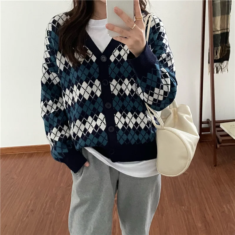 

Hzirip 2021 New Cardigan Sweater Coat Fashion Thick Warm Knitted Tops Women Korean Style Vintage Print Outwear Sweaters Female