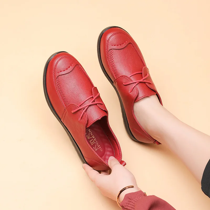 

Womens soft classic leather spring red and black shoes big size 25.5 26 cm mother casual flats 2021