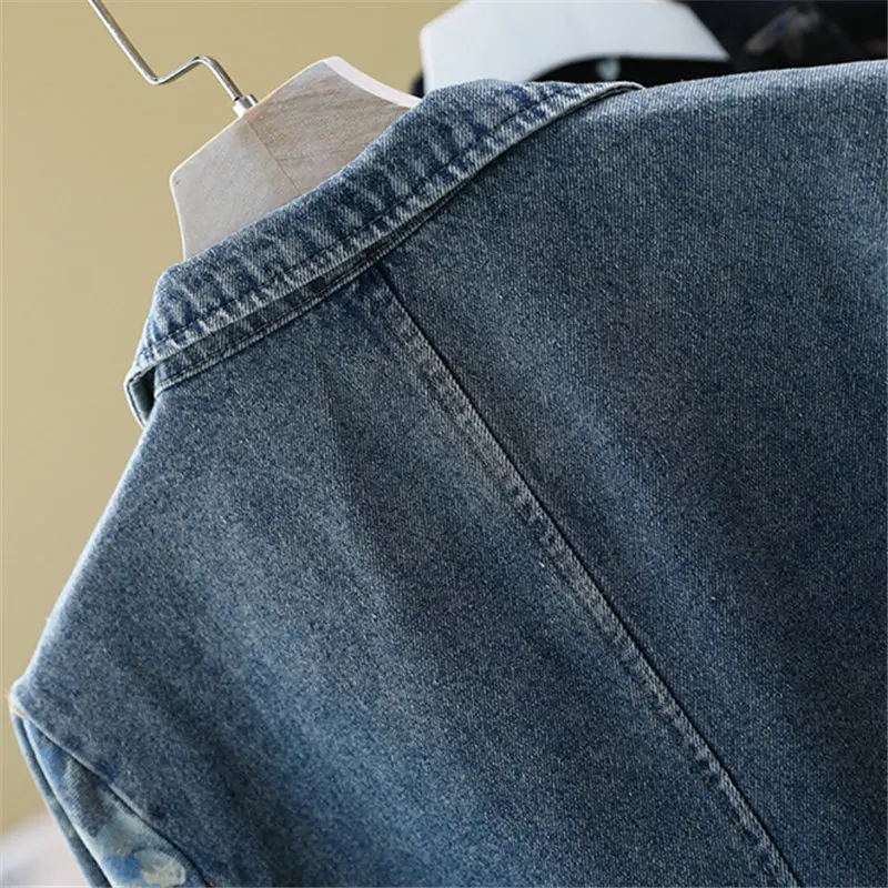 

Fashion Print Denim Jacket Women Spring Autumn Spliced Notched collar Long sleeve Jeans Jackets Female Loose Casual Jeans Coat