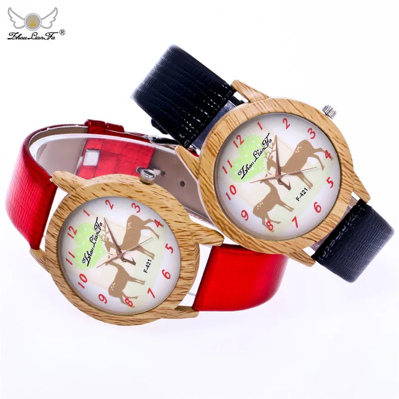 

NO.2 Elk Pattern Watches Wood Grain Denim Band Analog Quartz Vogue Dress Watches Clock Relogio Feminino Christmas Gift