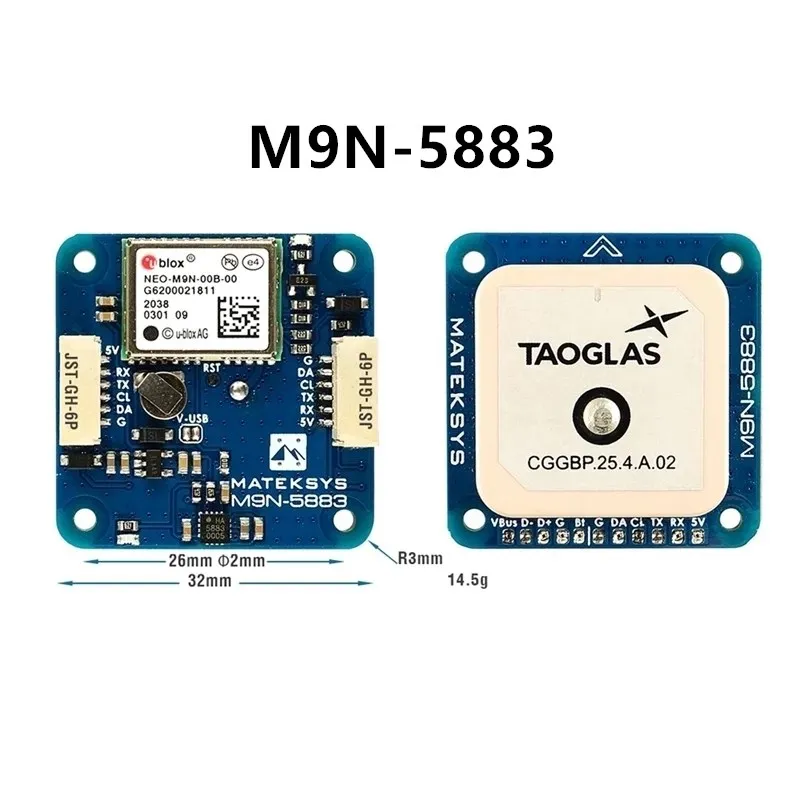 

MATEKSYS GNSS M9N-F4-5883 NEO-M9N GPS Module Magnetic Compass QMC5883L Support GLONASS Galileo for FPV RC Racing Drone