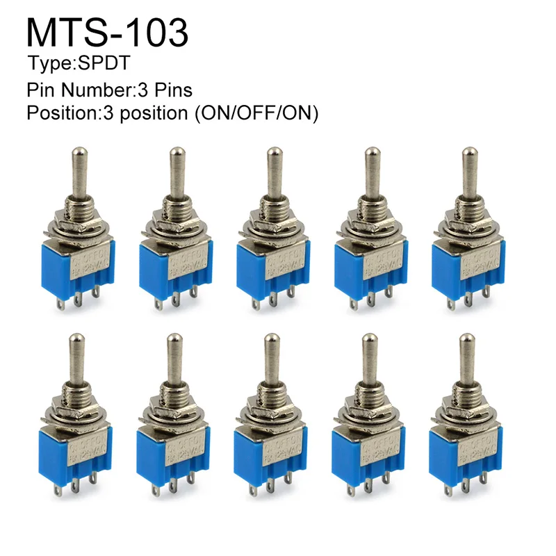 10 шт. миниатюрный тумблер однополюсный двойной переключатель SPDT (MTS102) ON-ON 125VAC 6A 1/4