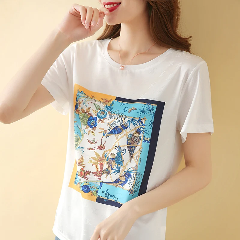 

Printed Tshirt Women Silk White Summer O-Neck Casual Pullover Fashion Short Sleeves Ladies Dots Top Female Tees