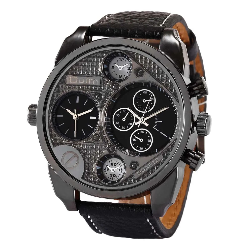 

Luxury Brand OULM Men Watch GMT Sports Watch for Men Leather Strap Men's Quartz Watches Navigator shape relogios masculino uhren