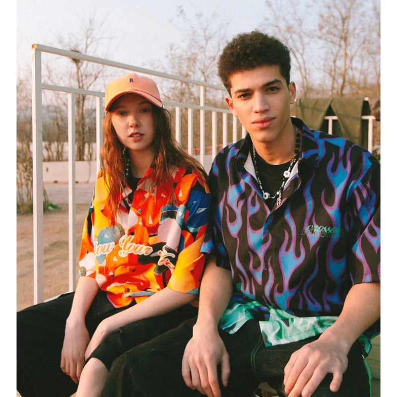 

Summer 2021 New American Printing Trend Hip-hop Flame Short-sleeved Shirt Loose Men's Design Sense Niche Shirt Men Short Sleeve