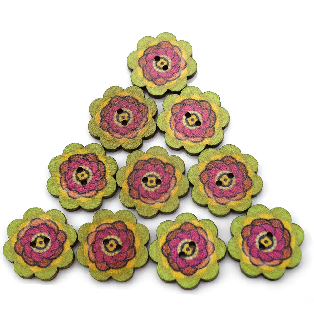 50 шт. 2 отверстия темные смешанные деревянные пуговицы в виде цветка шитье