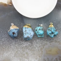 1pcs blue turquoise nugget pendant charmsnatural stones goldensilvery caps quartz necklace diy jewelry for womans gift