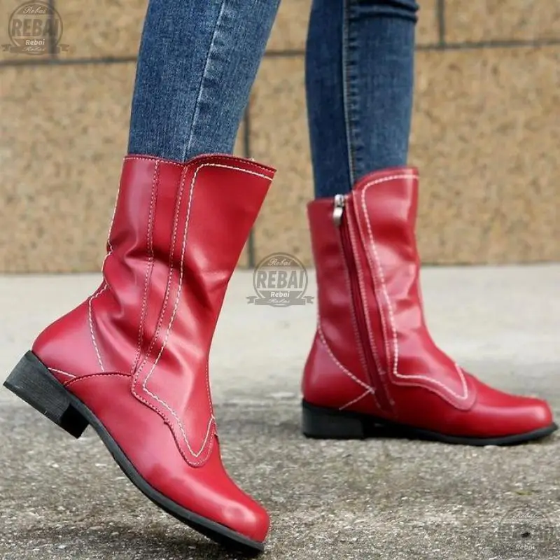 

Женские ботинки до середины икры, с круглым носком, на молнии сбоку, с вышивкой, на низком каблуке, зимняя обувь, 2021