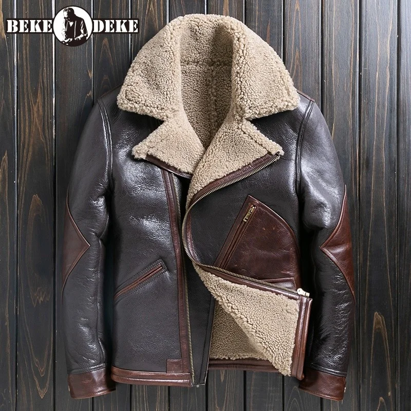 

Мужская мотоциклетная куртка из натуральной овечьей шерсти, с лацканами и молнией