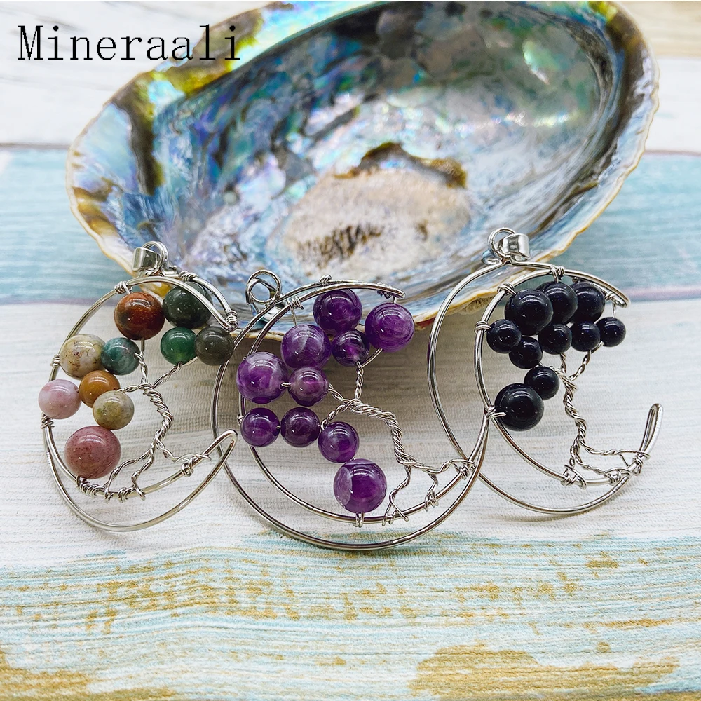 

1pc Moon Shped Natural Crystal Stones Pendant Tree of Life Round Beads Amethyst India Agate Mineral Jewelry Couple Gift Necklace