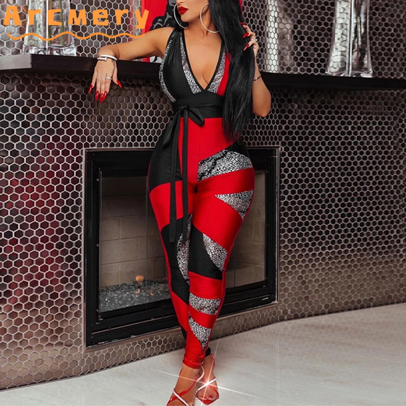 

Women Printed Sleeveless Plunge V-neck Belt Bodycon Jumpsuits