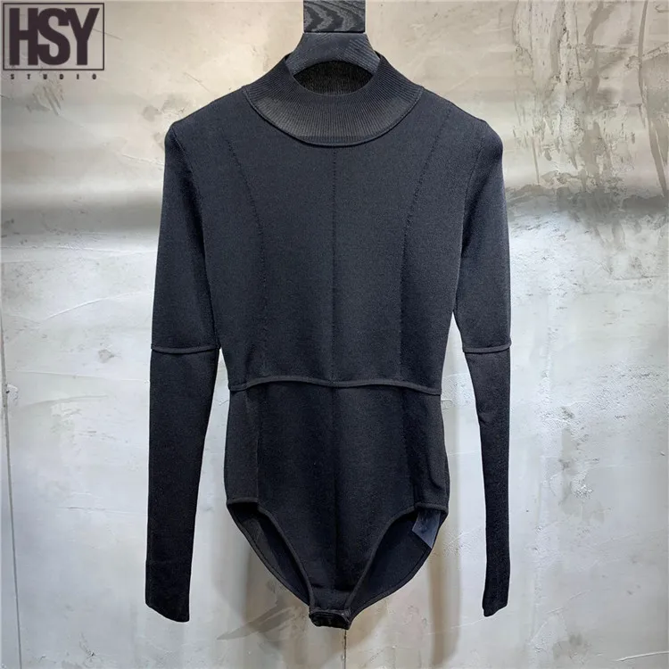 【HSY】2019 Осень Зима Новый женский длинный рукав круглый вырез черный сексуальный