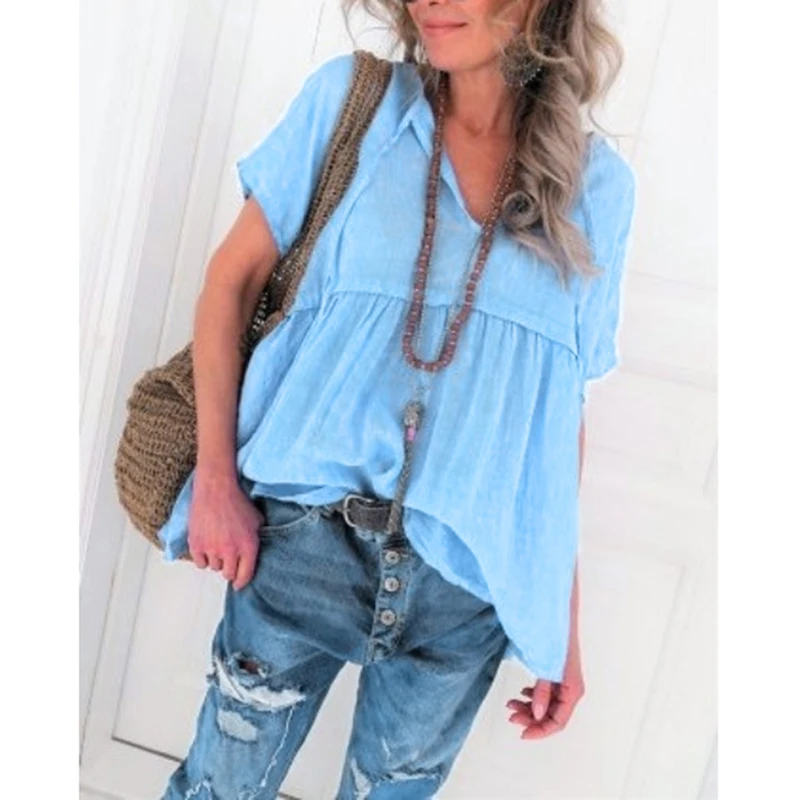 Женская Базовая футболка с коротким рукавом 2019 Повседневная v-образным вырезом и