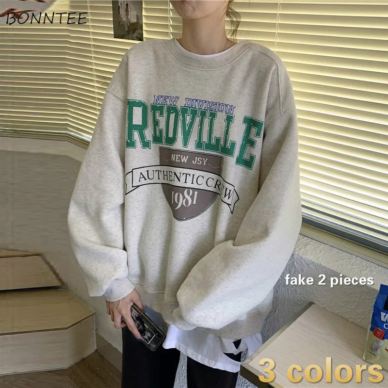 

Sweatshirts Women Popular Clothing Aesthetic Fake Two Pieces Patchwork Stylish Leisure Fall Daily O-Neck Lady Pullovers Thicker