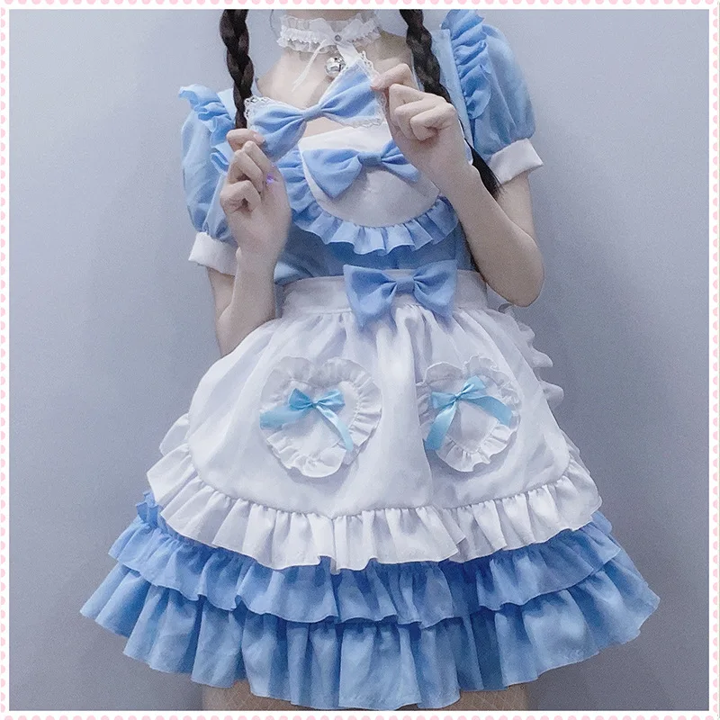 

Cosplay Costumes Girls Women's Fancy Dress French Maid Outfit Anime Cute Cat Sky Blue Lace Trim Apron Bow Tie Lolita Dresses