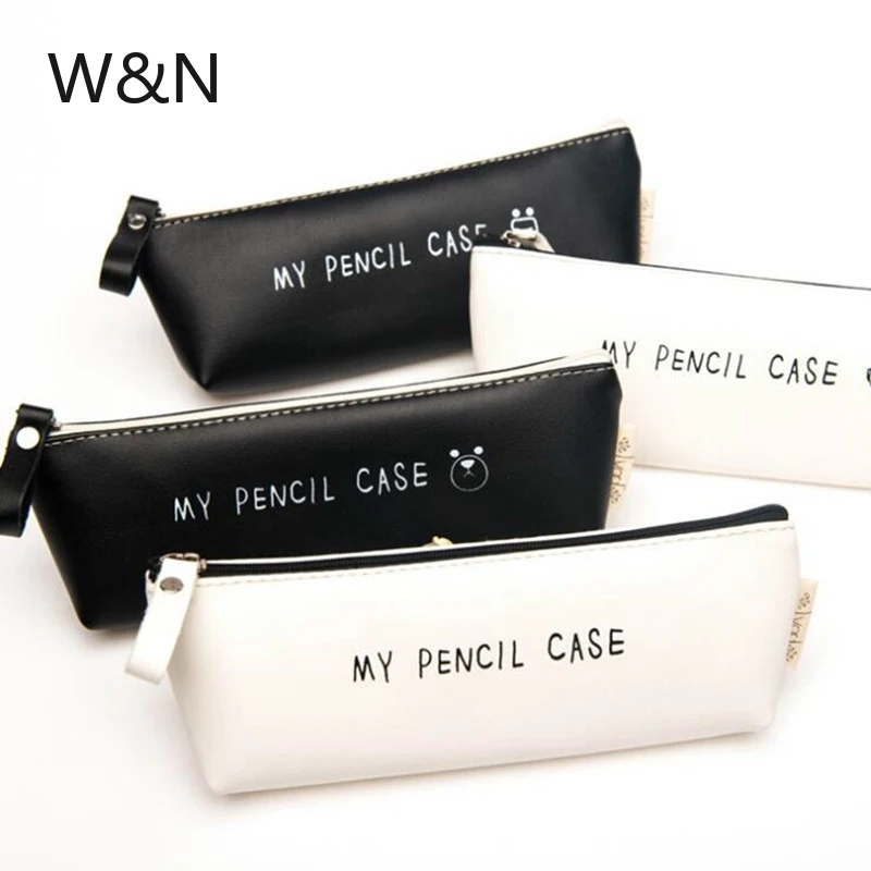 Черный кожаный футляр карандаш школьный пенал для девочек и мальчиков каваи