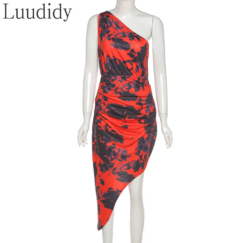 

2021 Summer Women Fashion Single Shoulder Sleeveless Print Dress Slim Asymmetry Beach Dress