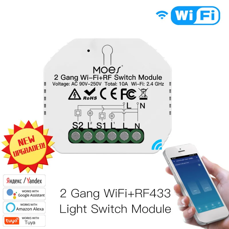 

2 Gang 2 Way Smart Light Switch Module WiFi+RF433 Smart Life/Tuya APP 10A 90V~250V Remote Control Work With Alexa Google Home