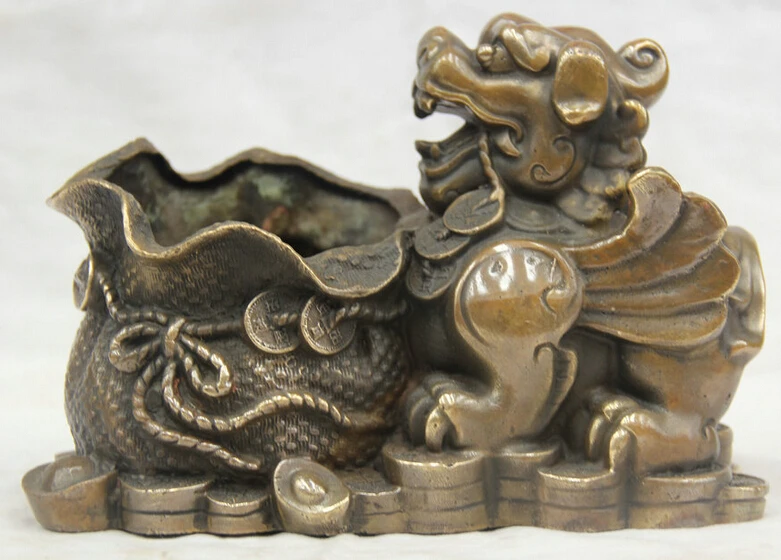 8 дюймов китайский народный медный Pi Xiu Единорог чудовище богатство монеты сумка