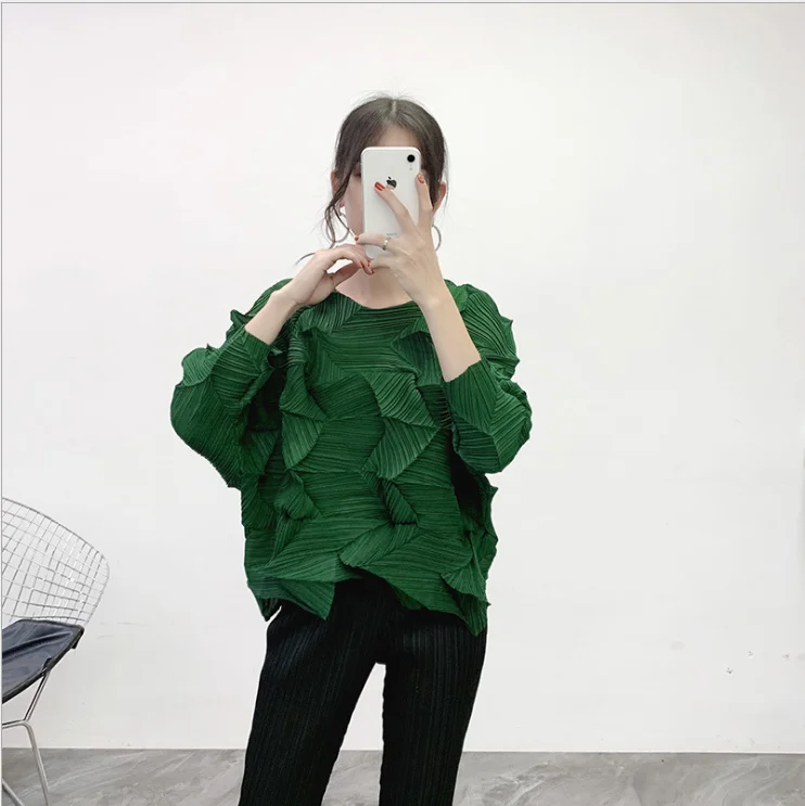 

2021 New Fashion Women Loose Pleated T-shir Solid Color Three Quarter Sleeve Female Casual Tops
