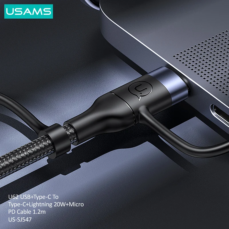 Кабель USB 3 в 1 USAMS 2 м 60 Вт а с разъемом Lightning Type-C для iPhone Huawei Xiaomi Samsung PD QC кабель