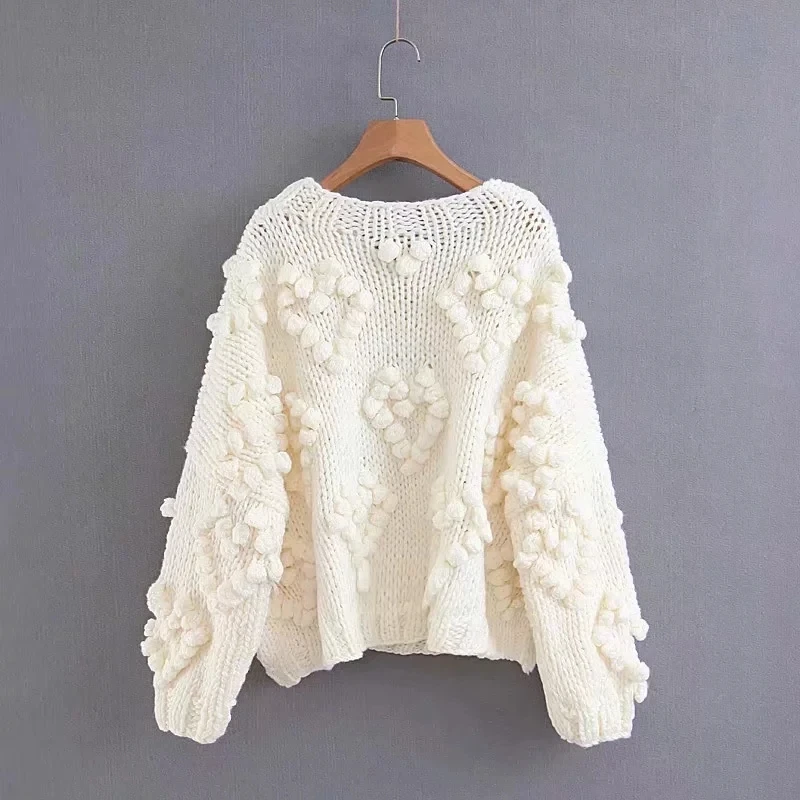 Withered sweaters women fashion blogger vintage hand knitted o-neck oversize love Jacquard weave thick pullovers sweaters women