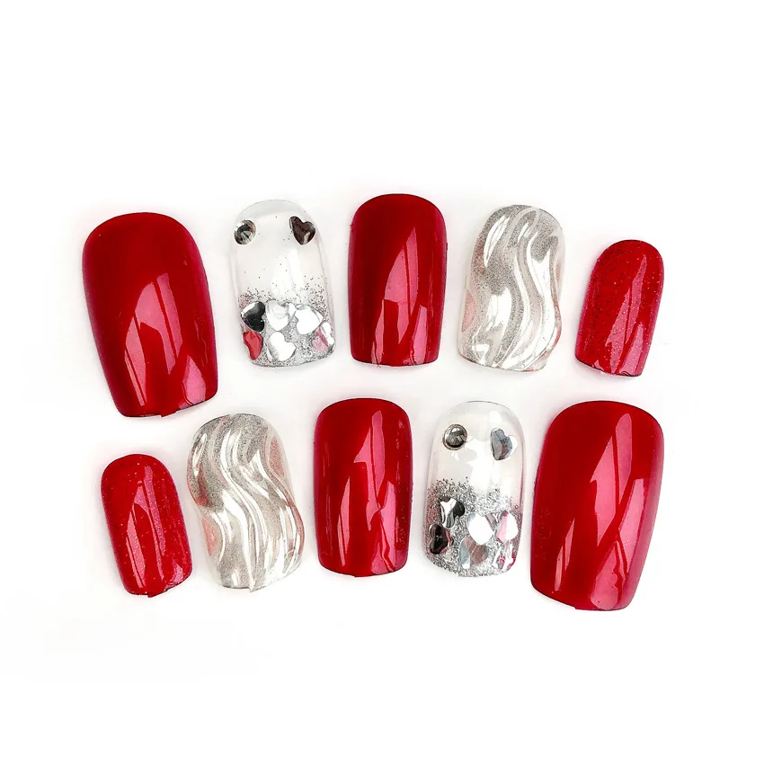 24 шт. накладные ногти серебристого и красного цвета волнистые с квадратной