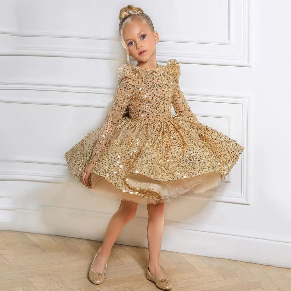 luxury Gold Sequin Flower Girl Dress Long Sleeves Puffy Pageant Gown Big Bow Baby Girl Birthday Party Dresses