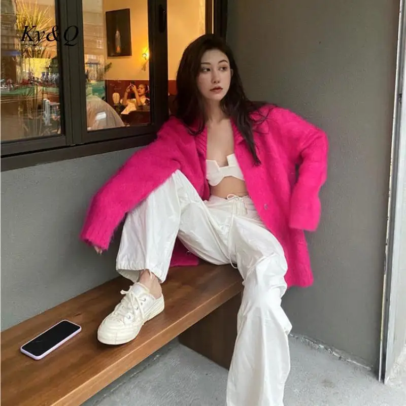 

2020 Fall Winter Fashion Chic New Lapel Knit Cardigan Loose Knit Sweater Coat Women Brand Design Rose Red Coat Clothes