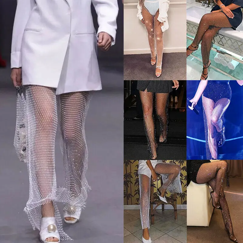 

2020 New Crystal Diamond Shiny Women Pants Summer Sexy Hollow Out Elastic Fishnet Trousers Fashion See Through Beachwear Pants