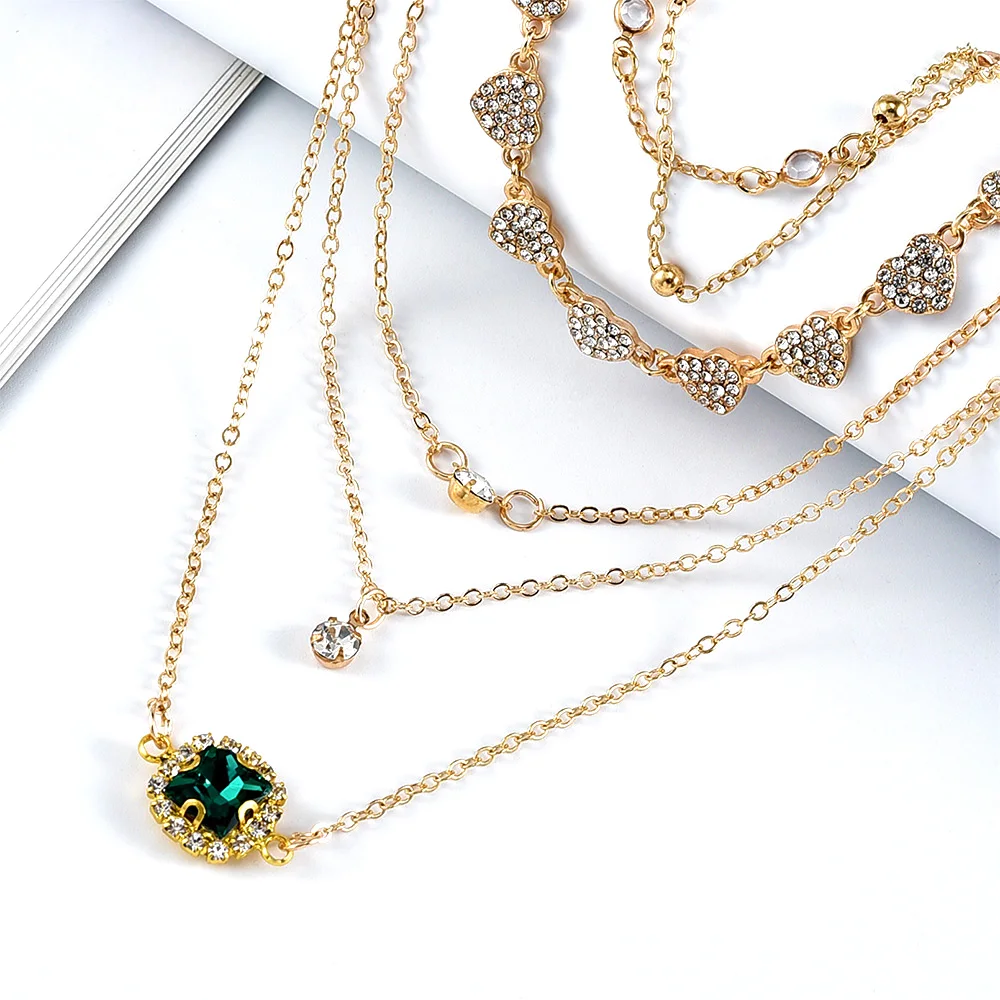 

Boho Fashion Pendant Necklaces For Women Vintage Gold Heart Shape Crystal Green Stone Necklace Multilayer Female Jewelry Gift