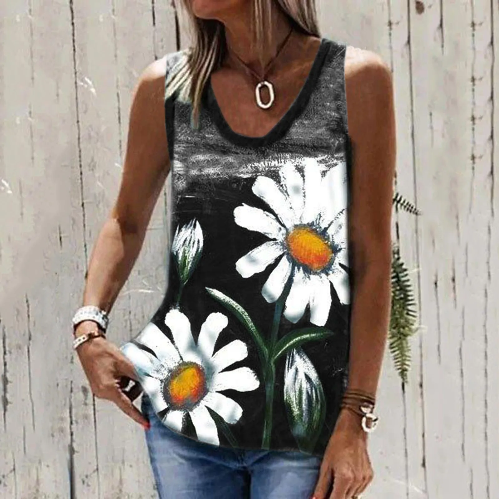 

Flower Plant Print Women's Tank Top Sleeveless Casual Women T-Shirts U-Neck Open Shoulder Streetwear Women Shirts For Summer