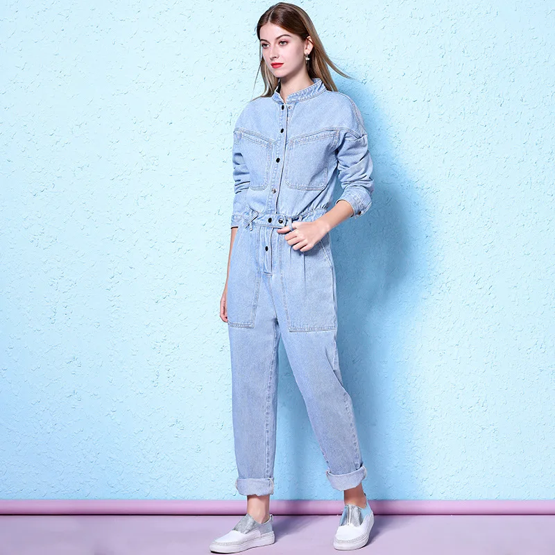 

Летний комбинезон для инструментов, женский модный тонкий джинсовый комбинезон с О-образным вырезом и длинным рукавом, комбинезон NW20B6779