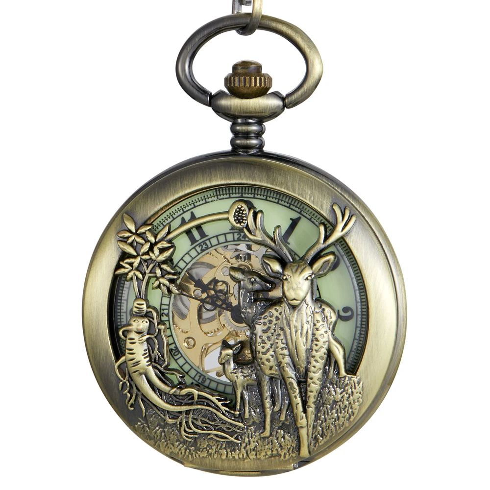 Hollow Luminous Deer Skeleton Mechanical Pocket Watch Double Open Cover Fob Chain Gift Men Steampunk Pendant Gifts Women