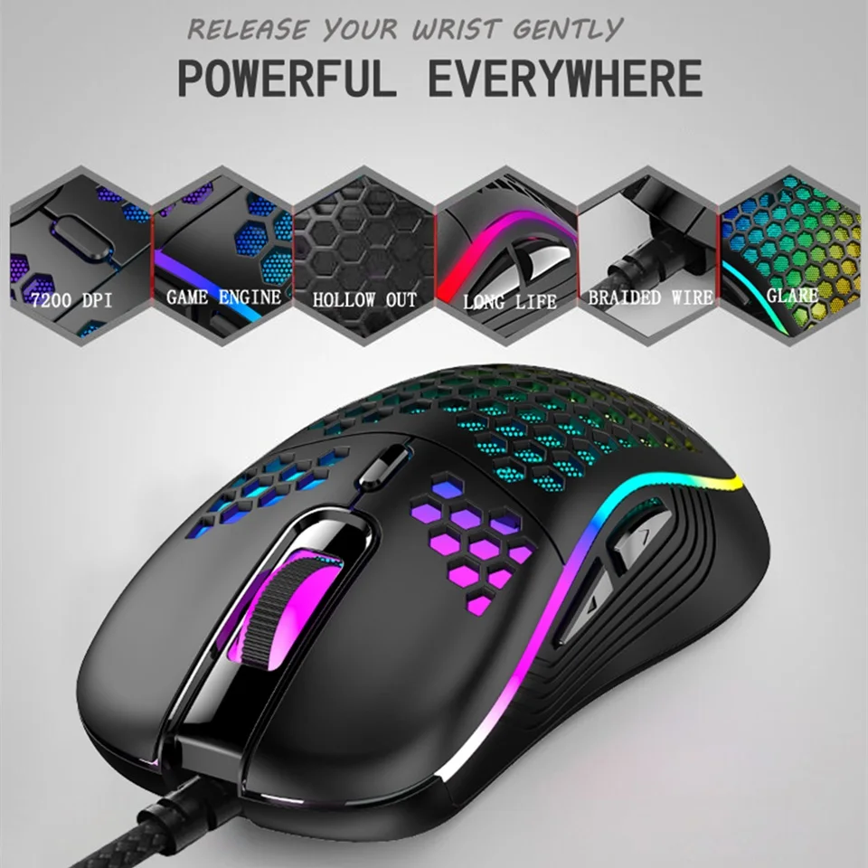 

RGB Backlit Honeycomb Shell USB wired RGB Gaming Mouse 7200 DPI programmable game mice backlight ergonomic laptop PC computer