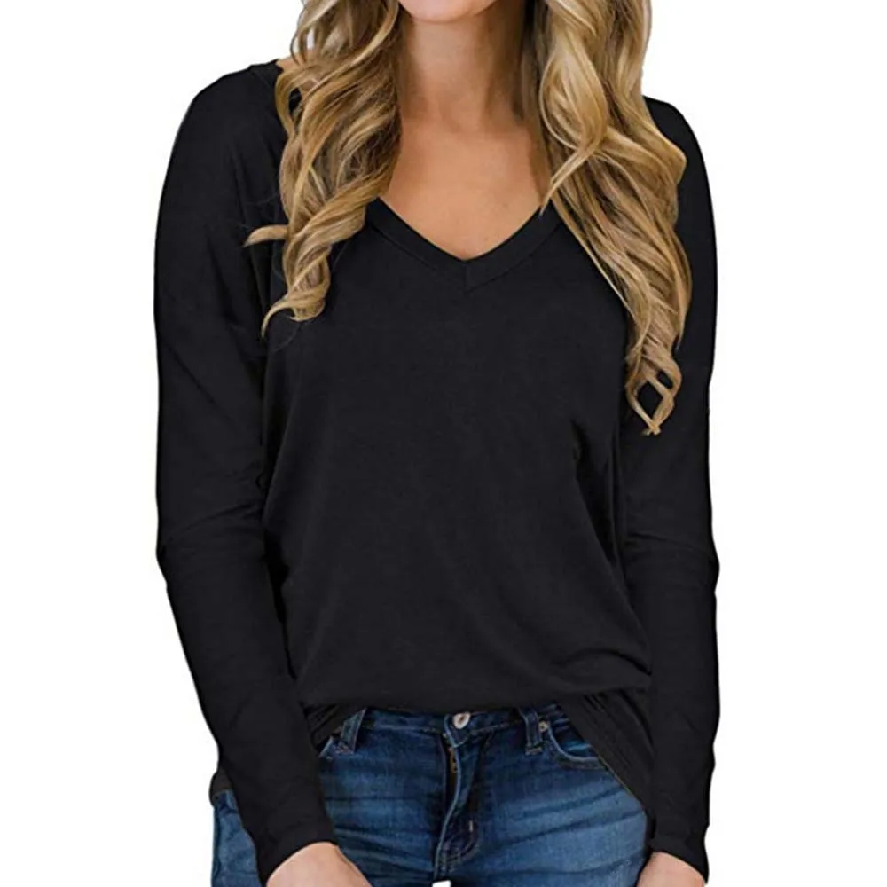 Женская Однотонная футболка размера плюс с v образным вырезом рубашка длинными