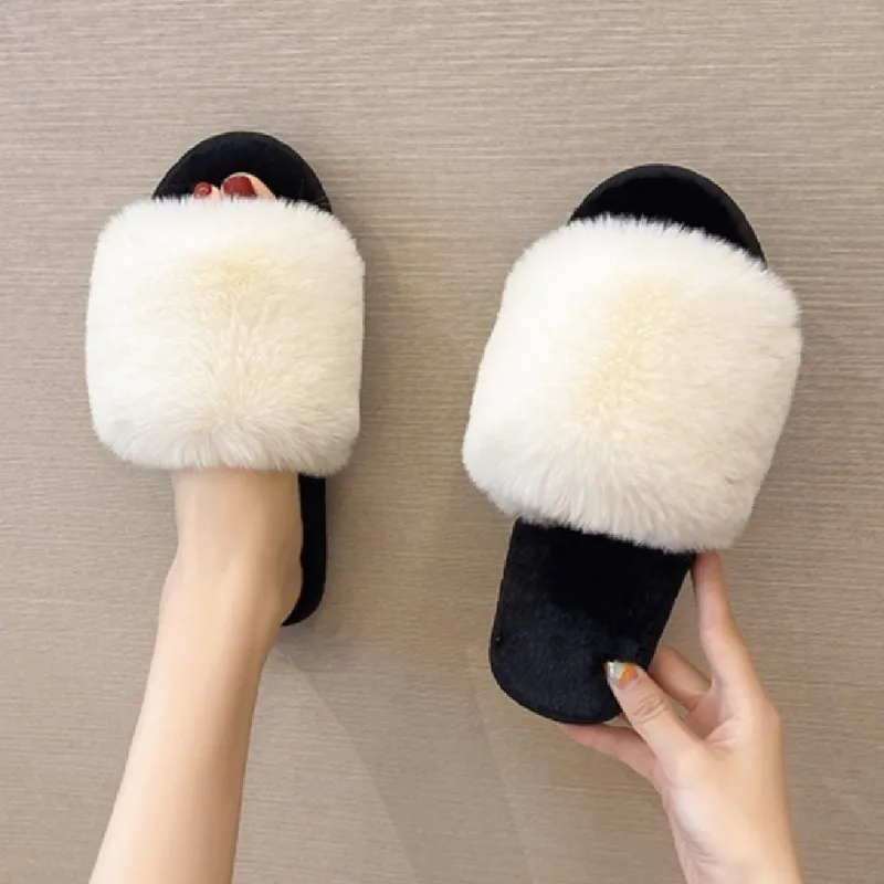 

Soft Women Casual Fluffy Slippers With Fur Flat Non-Slip Fur Furry Slides Large Size Fur Sandals Winter Fuzzy Warm Plush Shoes