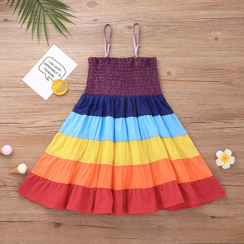 

Summer 2021 Girls Dress Girls Summer Dress Strap Rainbow Color Bodycon Cute School Style Cake Dress Vestidos 18M-6T