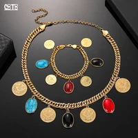 turkish coin woman gold fashion charm pendant bracelet necklace muslim islam lucky colorful stone set ornament gift wholesale