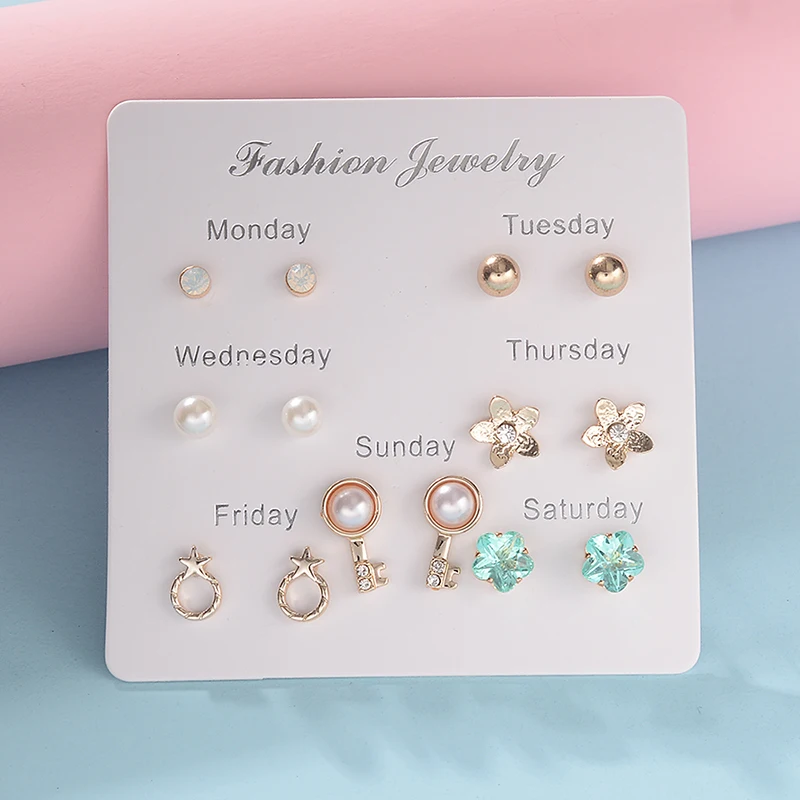 7PRs/set Women Earrings Sets One Week Cute Stud Rhinestone Girls Kids Earring Set | Украшения и аксессуары