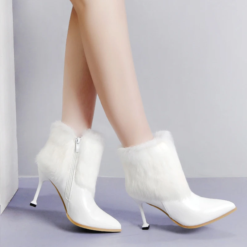 2019 роскошные женские белые сапоги теплые зимние на высоком каблуке 10 см