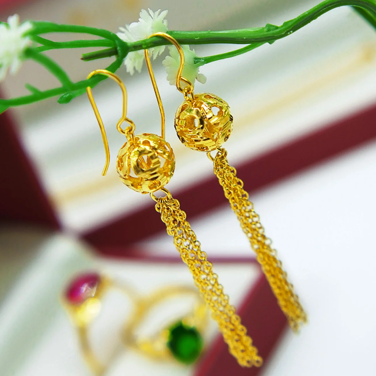 Ball Tassels Drop Earrings Yellow Gold Plated For Lucky Women Classic E0010