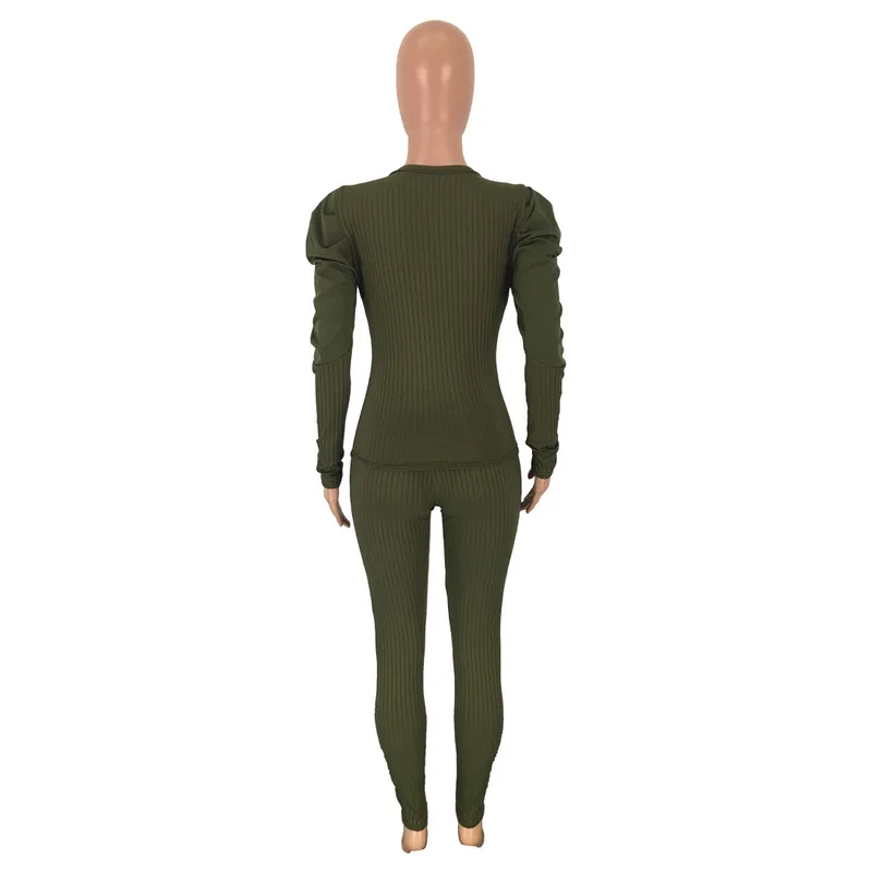 

Autumn Winter Knitted Two Piece Set Women V Neck Puff Sleeve Sweater Top And Fitness Pants Sweatsuit Casual 2 Piece Club Outfits