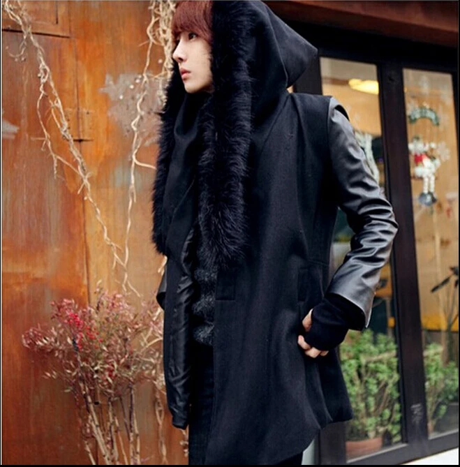 

Shipping Winter Free Hooded Fur Collar Black Cashmere Nizi Men Cultivating Long Section Plus Hair Coat / S-3xl