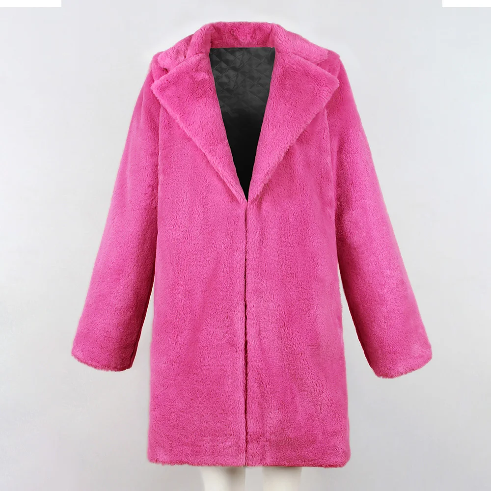 Faux Fur Coat Woman Winter Thicken Fluorescent Pink Long Coats 2019 Fashion Lady Teddy Outerwear fourrure femme D25 |