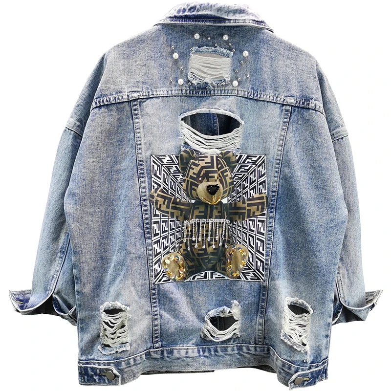 

2021 Spring Frayed Denim Jacket Diamond Tassels Fashion Lady Pearls Fall Bear Patched Beading Tops Women Jean Coat
